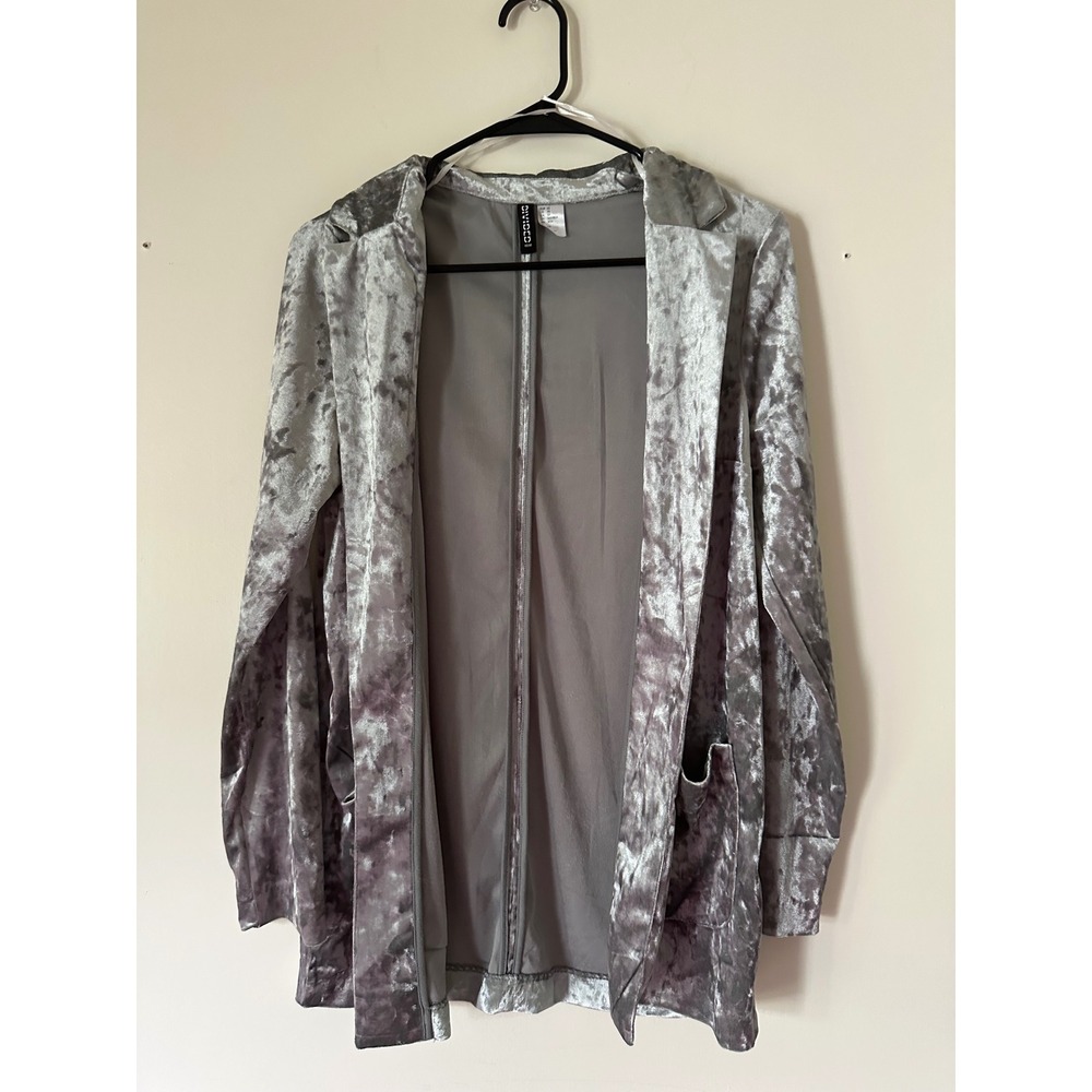 H&M Divided Silver Crushed Velvet Blazer Open Front Metallic Grey Jacket XS